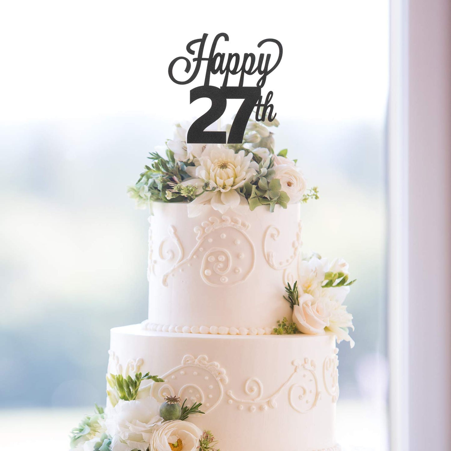 LINGTEER Cake Topper - Happy 27th Birthday Sign, Thick Paper, Black, 1 Count