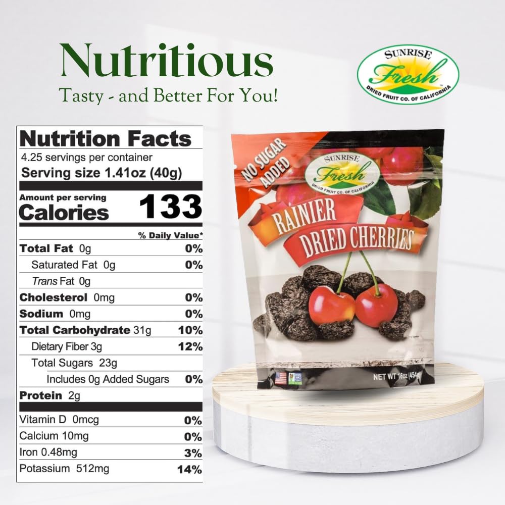 SUNRISE FRESH DRIED FRUIT Dried Rainer Cherries - All-Natural, Unsweetened, 16oz Bag