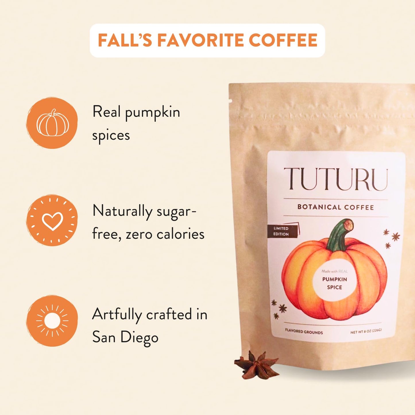 TUTURU Botanical Coffee Organic Pumpkin Spice Ground Coffee - Medium Roast, Low-Acid, 8 oz, 22 Servings