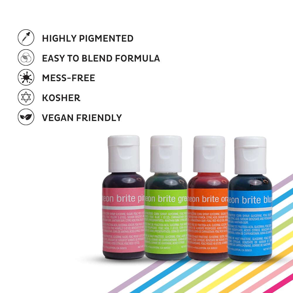 Chefmaster 4-Bottle Set Of Neon Food Coloring, Liqua-Gel® Vibrant Colors, Professional-Grade Dye For Easter Eggs, Icing, Frosting, Fondant, & Batters, Fade-Resistant, Made In Usa, 0.67 Oz