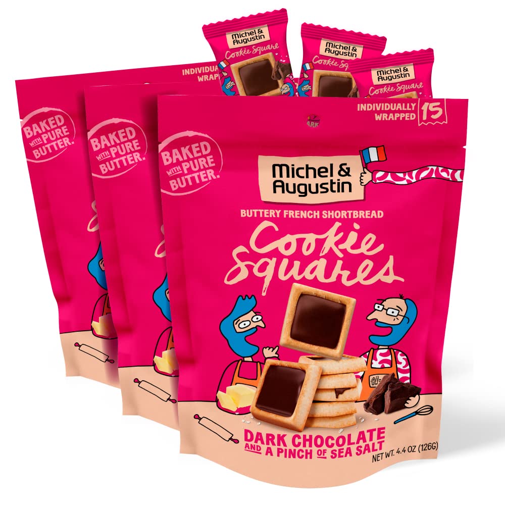 Michel et Augustin Cookies, Individually Wrapped Snacks, 3 Pack, Gourmet Dark Chocolate & Sea Salt Shortbread, 15 French Butter 