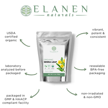 Elanen Naturals Organic Senna Leaf 4 Oz. (113G), Usda Certified Organic Senna Tea Leaves Organic, Senna Herb, Senna Alexandrina,