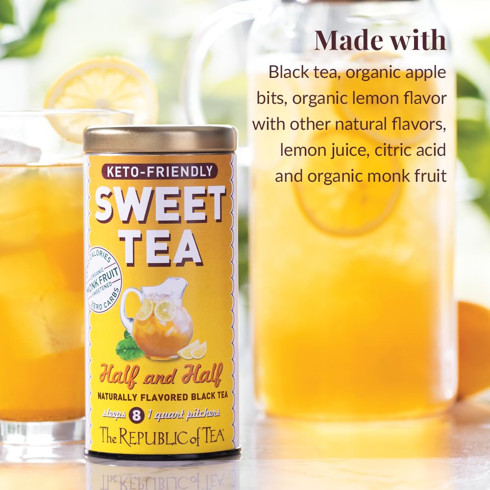 The Republic Of Tea - Keto-Friendly Sweet Iced Half And Half Tea - Black Tea And Lemonade, 8 Large Quart-Sized Iced Tea Pouches,