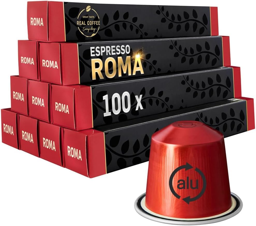 REAL COFFEE Strong Espresso Capsules for Nespresso, Extra Dark and Intense Flavor, 100 Count, Aluminum Pods