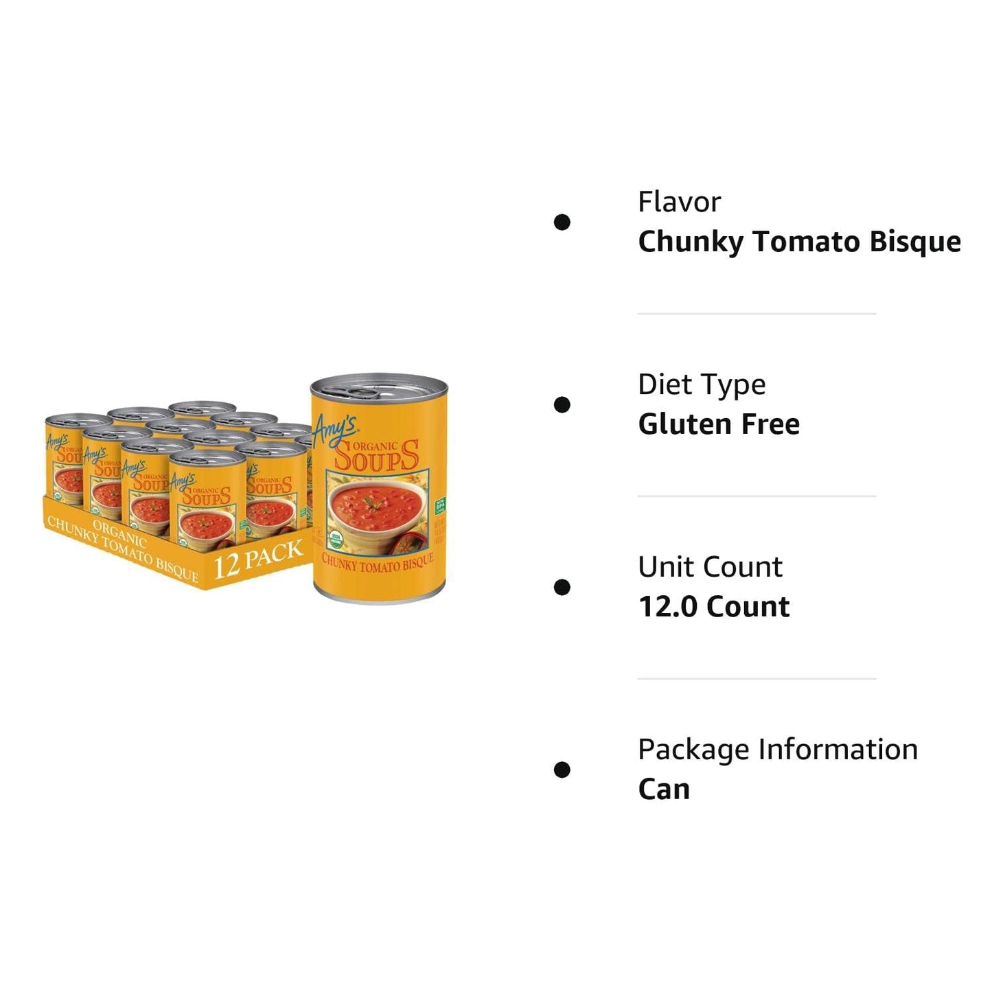 Amy’S Soup, Chunky Tomato Bisque, Gluten Free, Made With Organic Tomatoes And Cream, Canned Soup, 14.5 Oz (12 Pack)