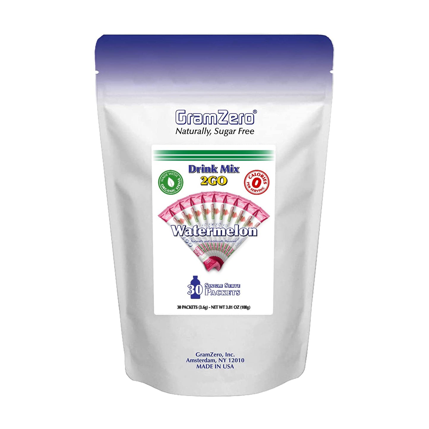 GramZero 2GO Sticks - Watermelon, Zero Calorie Sugar Free Drink Mix, Stevia Sweetened, Great For Nutrition Club Loaded Tea To Go