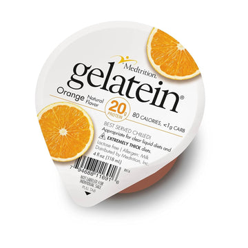 Gelatein Orange: 20 grams of protein. Sugar free. Ideal for clear liquid diets, swallowing difficulties, bariatric, dialysis and