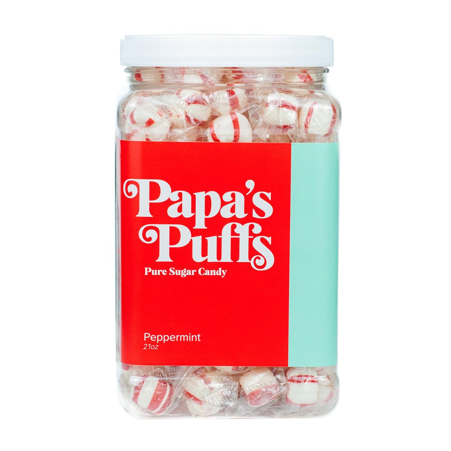 Papa'S Puffs Peppermint Flavored Pure Sugar Candy - Individually Wrapped In Resealable Tub - Fat-Free, Gluten-Free, Cholesterol-