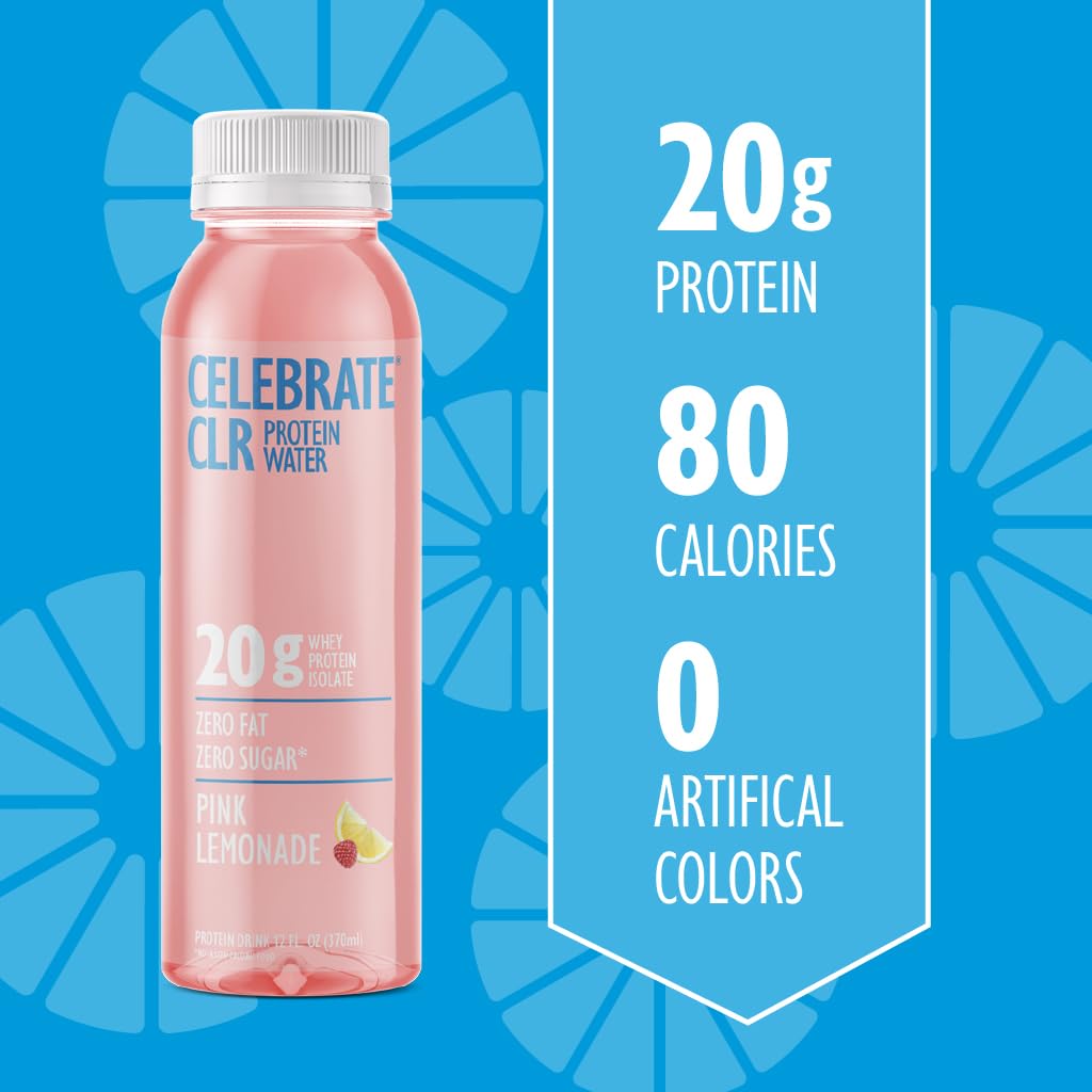 Celebrate Bariatric dietary products CLR Whey Isolate Protein Water, Pink Lemonade, 20g Protein, 12 Fl Oz, Gluten Free, Sugar Free, 12 Pack