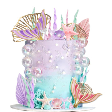 Mermaid Cake Topper Big Mermaid Tails Seaweed Bubbles Shells And Golden Ginkgo Leaves Cake Set For Mermaid Under The Sea Cake De