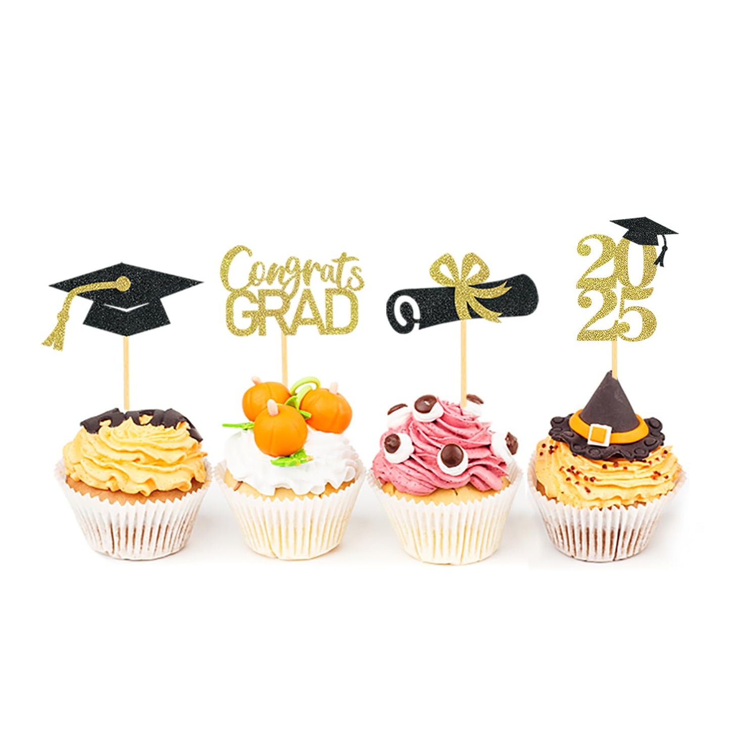 24Pcs Graduation Cupcake Toppers, Graduation Cupcake Picks For Cupcake Food Decorations - Class Of 2025 Cupcake Toppers Supplies (Gold)