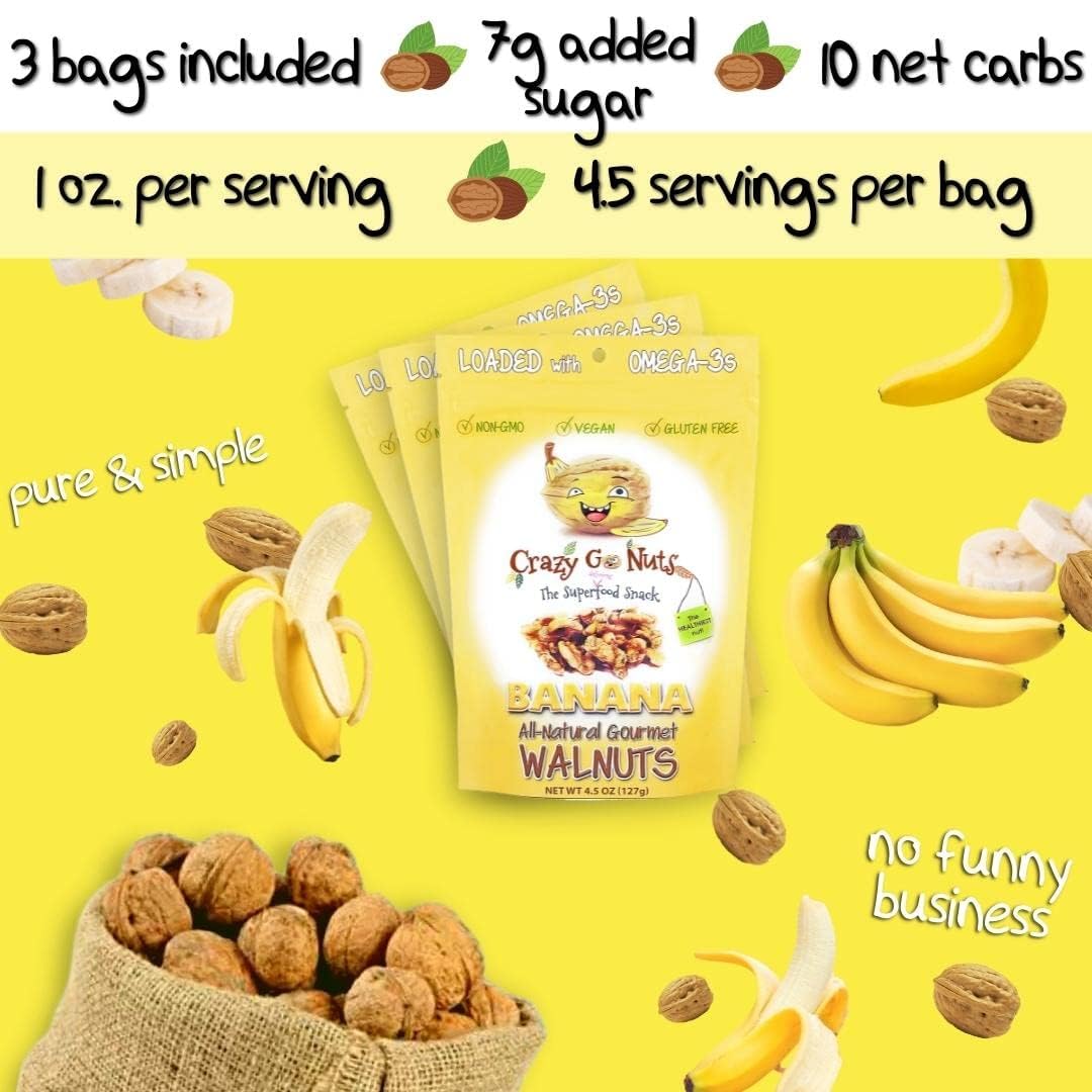 Crazy Go Nuts Walnuts - Banana, 4.5 oz (6-Pack) - Healthy Snacks, Vegan, Gluten Free, Superfood - Natural, Non-GMO, ALA, Omega 3