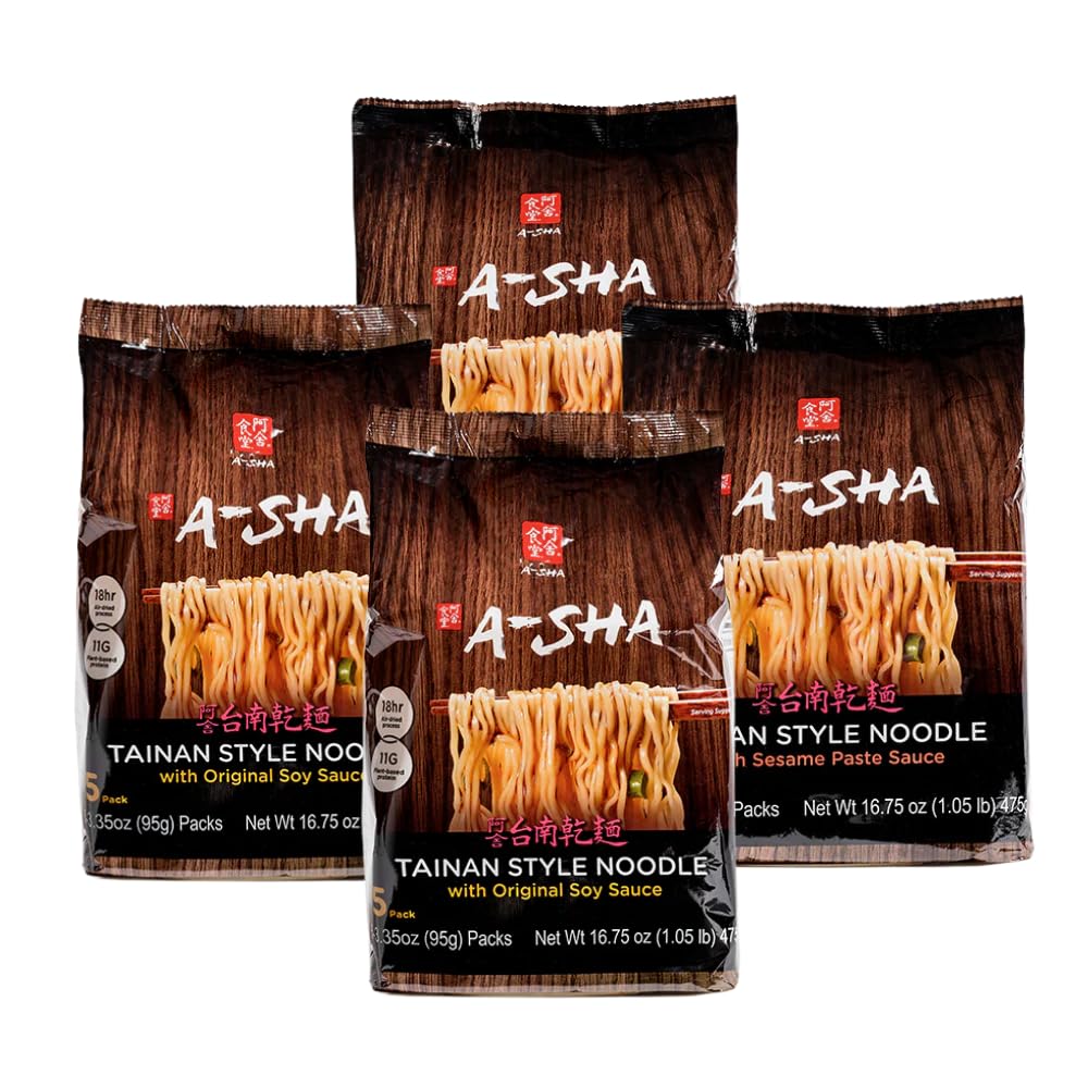 A-Sha Tainan Variety Pack (2 Flavors, 20 Count), Vegan, Air-Dried, 11g of Plant-Based Protein, Thin Sized Noodles