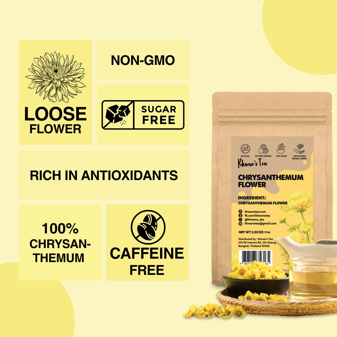 KHWANS TEA Chrysanthemum Tea - Caffeine-Free Herbal Infusion, 3.52 Oz, Loose Flower Tea, Sourced from Thailand