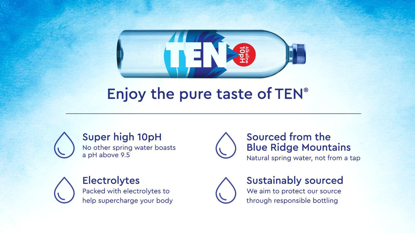 TEN Alkaline Spring Water, pH 10, High in Electrolytes, 16.9 Ounce Bottle (Pack of 24)