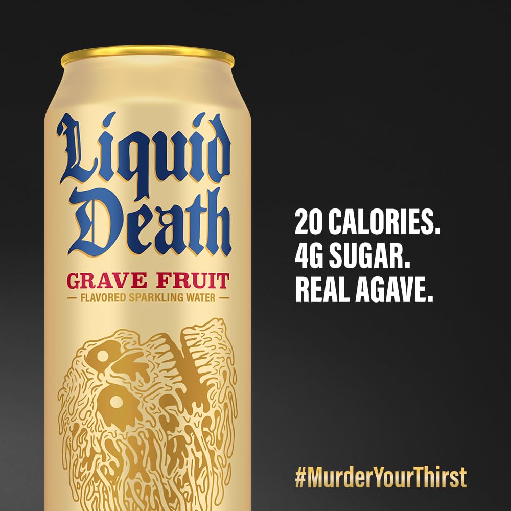 Liquid Death, Grave Fruit Sparkling Water, 8-Pack (King Size 19.2Oz Cans), Grapefruit Flavored Sparkling Beverage Sweetened With