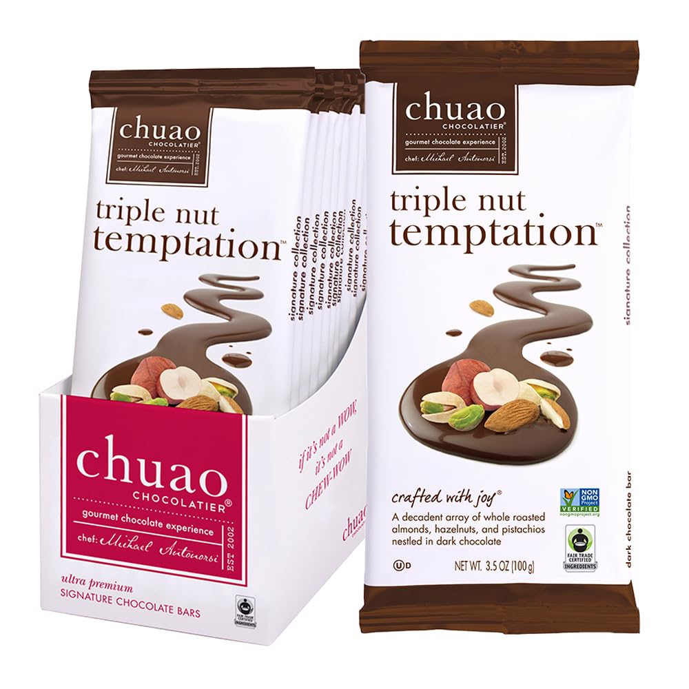 Chuao Chocolatier Triple Nut Temptation Dark Chocolate Gourmet Bars | For Gift Baskets, Birthday, Thank You, Care Package | 10 Pack, 2.8 oz Each