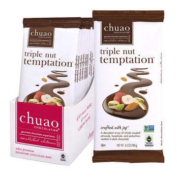 Chuao Chocolatier Triple Nut Temptation Dark Chocolate Gourmet Bars | For Gift Baskets, Birthday, Thank You, Care Package | 10 Pack, 2.8 oz Each