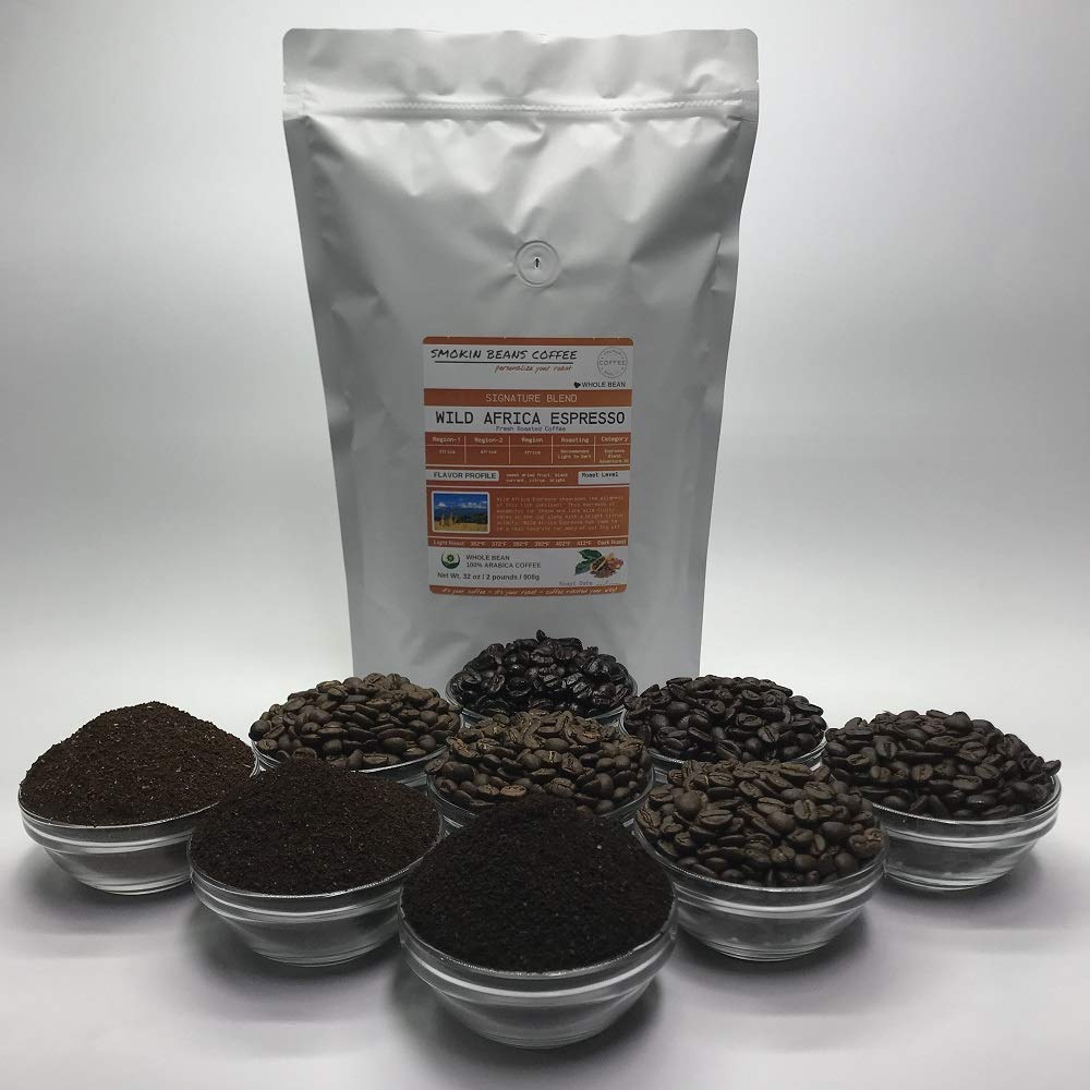 Smokin Beans Wild Africa Espresso Coffee, Light Roast, Whole Bean, 2-Pack (16 Ounce Total)