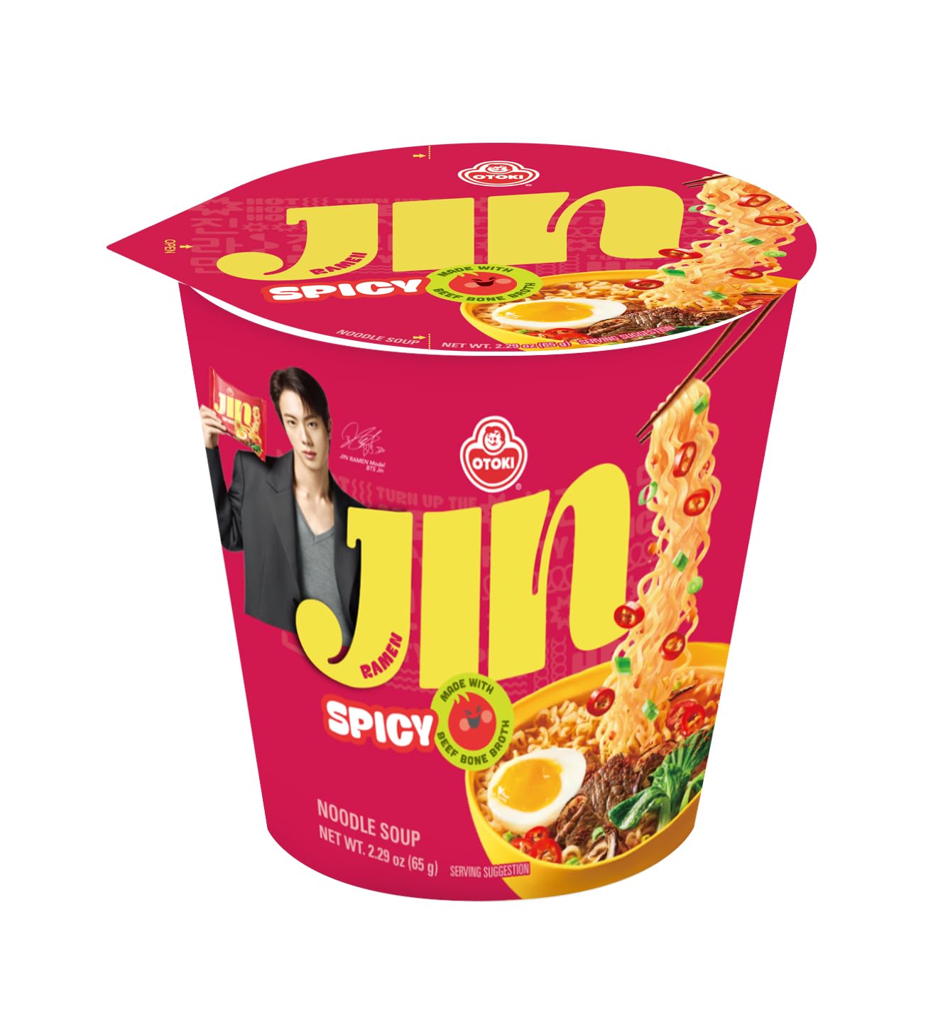 Otoki Jin Ramen Spicy Cup Noodles, Bts Jin & Jin Ramen Edition, Authentic Korean Instant Noodles With Spicy & Rich Beef Bone Bro