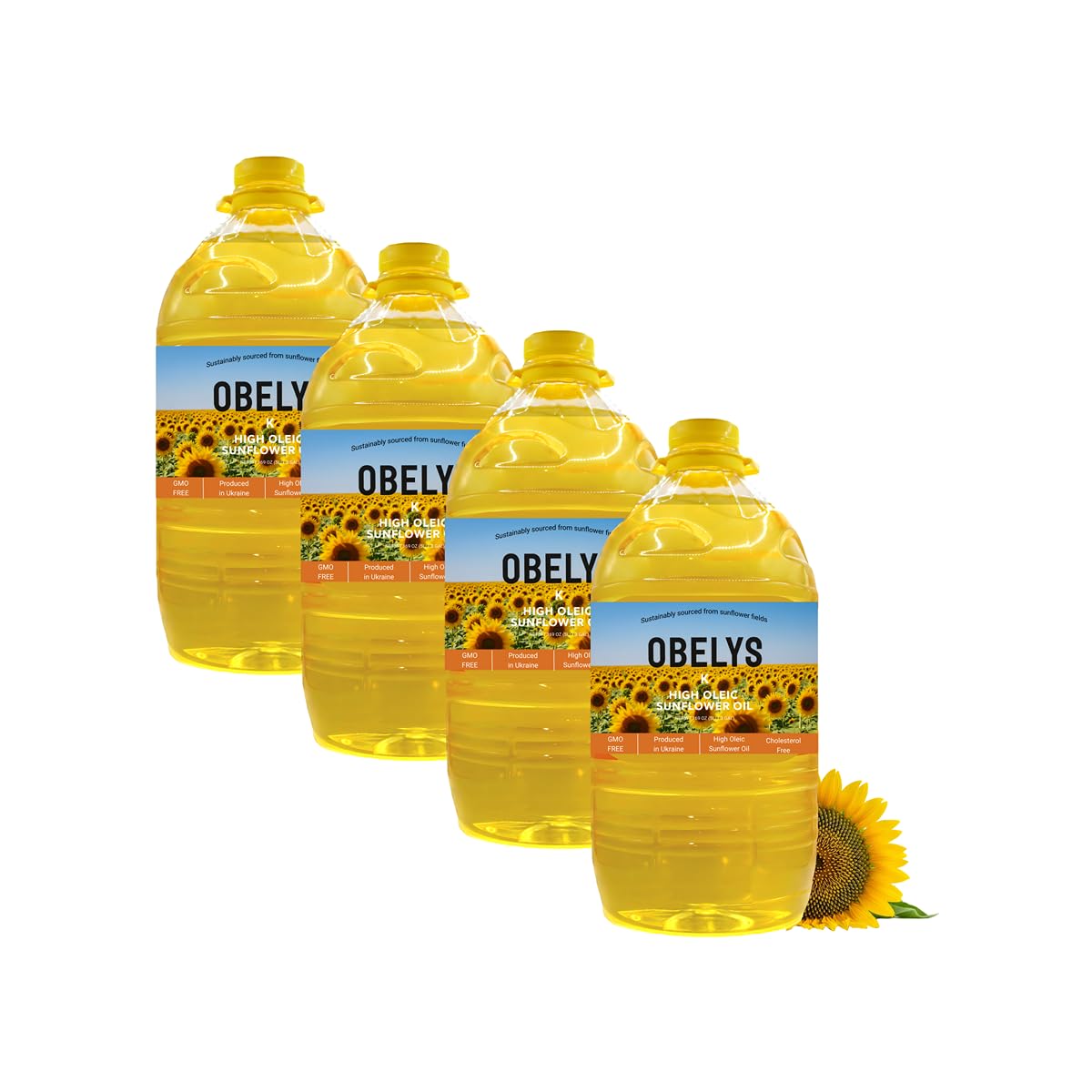 Obelys High Oleic Sunflower Oil | 4 Pack 1.3 Gallon Jug - Neutral Oil For Medium to High Heat Cooking, Non-GMO, Kosher, Choleste