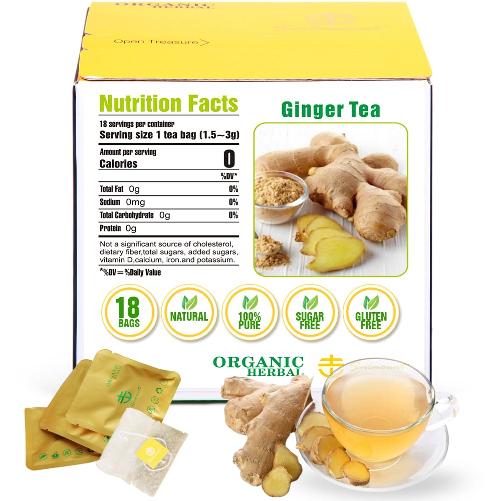 Soilmount Organic Ginger Tea - 100% Natural Ginger Root, Caffeine-Free Herbal Tea, 18 Tea Bags