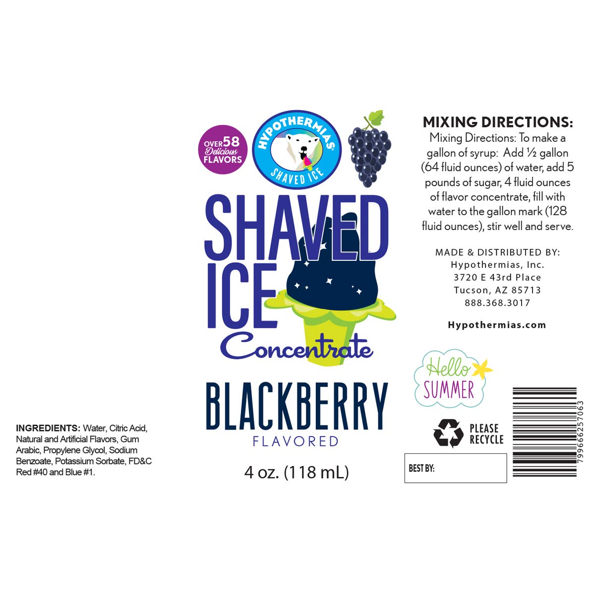 Hypothermias Shaved Ice Syrup Concentrate - Blackberry Flavor - 4 Fl. Oz - Makes 1 Gallon - Unsweetened, Add Water & Sweetener