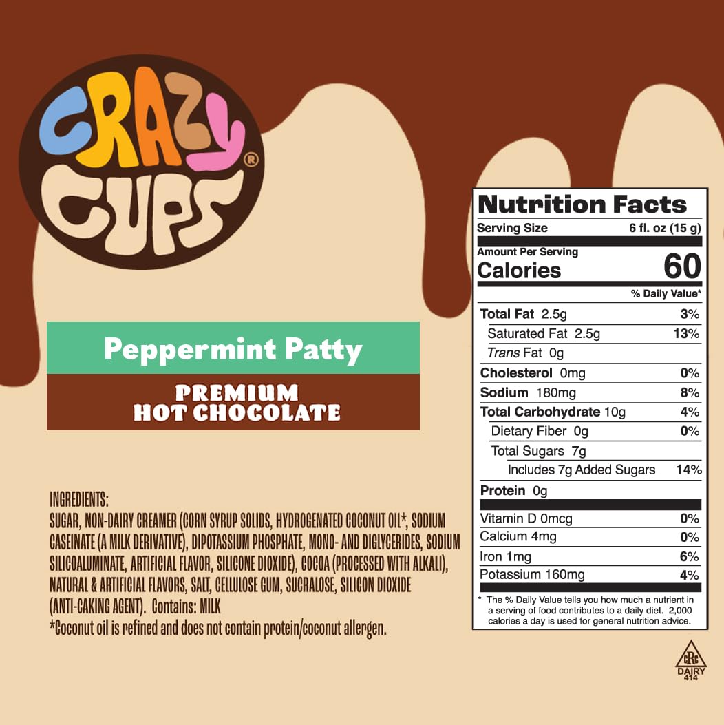 Crazy Cups Peppermint Patty Hot Chocolate, Single Serve K-Cups, 22 Count, Brown
