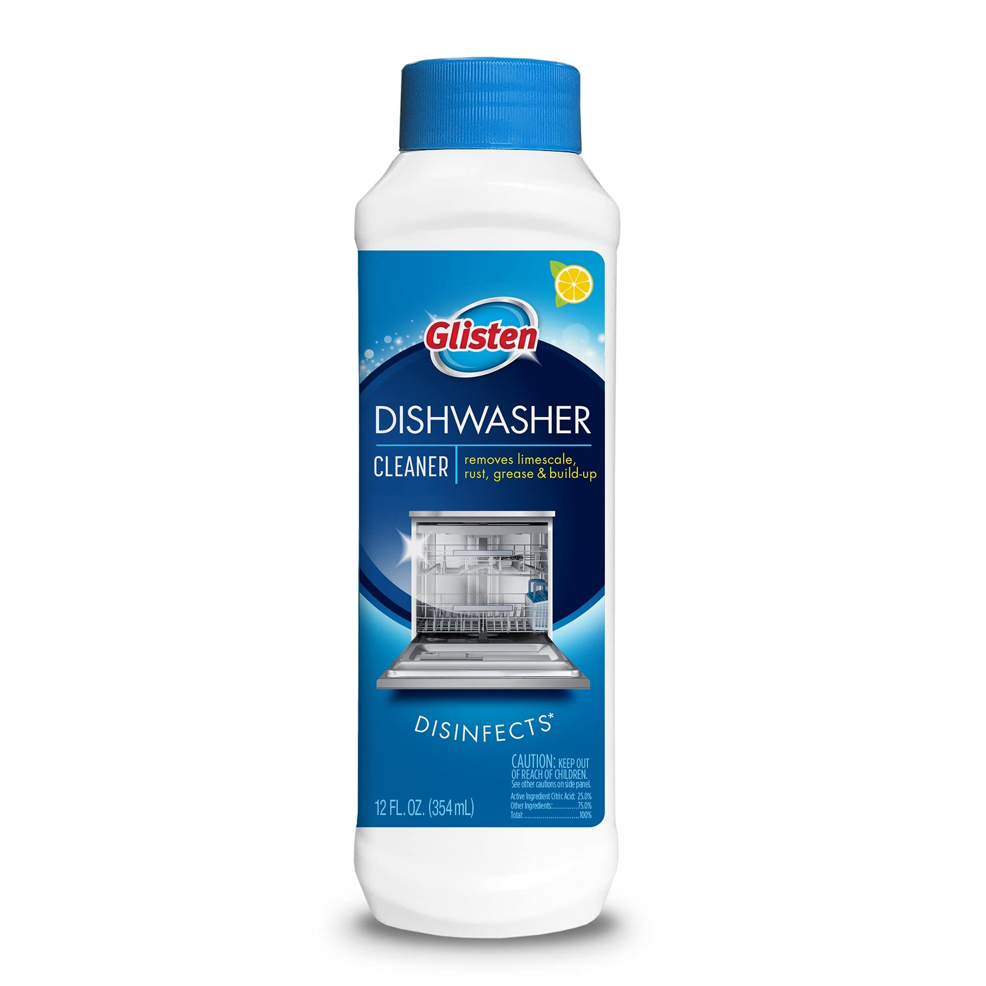 Glisten Dishwasher Cleaner, Removes Limescale, Rust, Grease & Build-Up, Disinfects, Lemon Scent, 12 Fl Oz