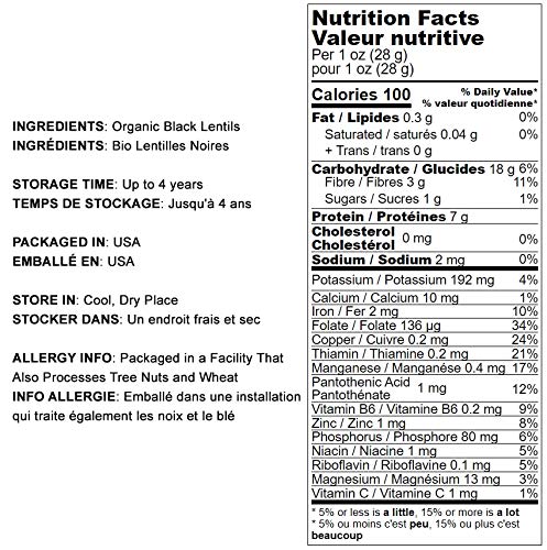Organic Black Lentils, 8 Ounces - Non-Gmo, Whole Dry Pulses, Raw, Sproutable, Kosher, Vegan, Bulk Legumes, Black Masoor Daal. Rich In Thiamin, Folate, Protein. Great For Stews, Curries, Tacos, Soups.