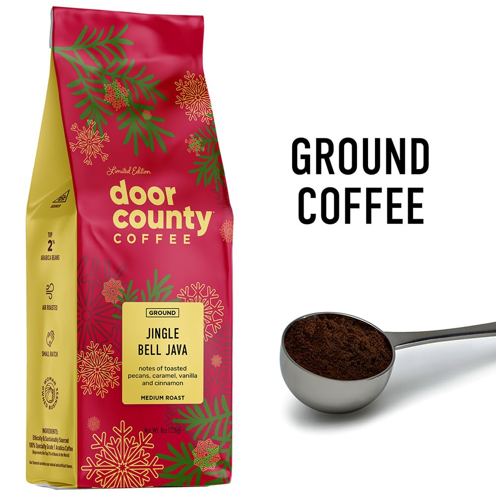 Door County Coffee Jingle Bell Java Flavored Coffee Ground - 8oz Bag - Holiday Seasonal - Medium Roast - 100% Specialty Arabica