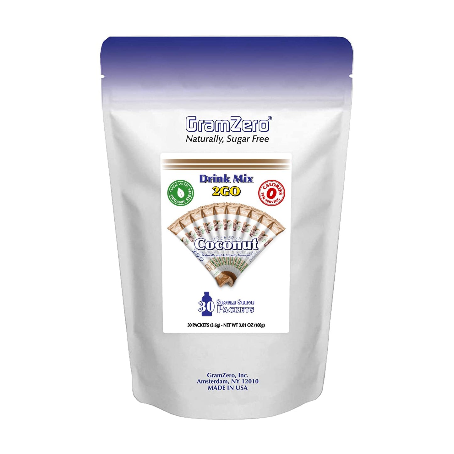 GramZero 2GO Sticks - Coconut, Zero Calorie Sugar Free Drink Mix, Stevia Sweetened, Great For Nutrition Club Loaded Tea To Go Ki