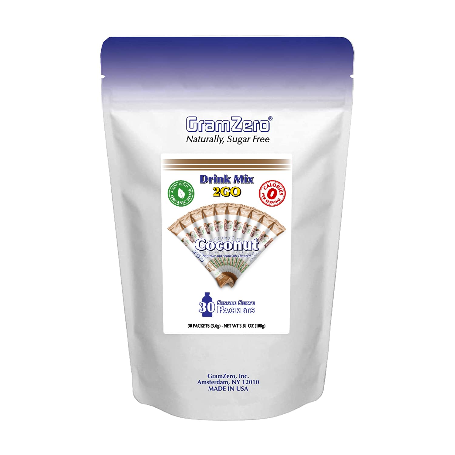 GramZero 2GO Sticks - Coconut, Zero Calorie Sugar Free Drink Mix, Stevia Sweetened, Great For Nutrition Club Loaded Tea To Go Ki