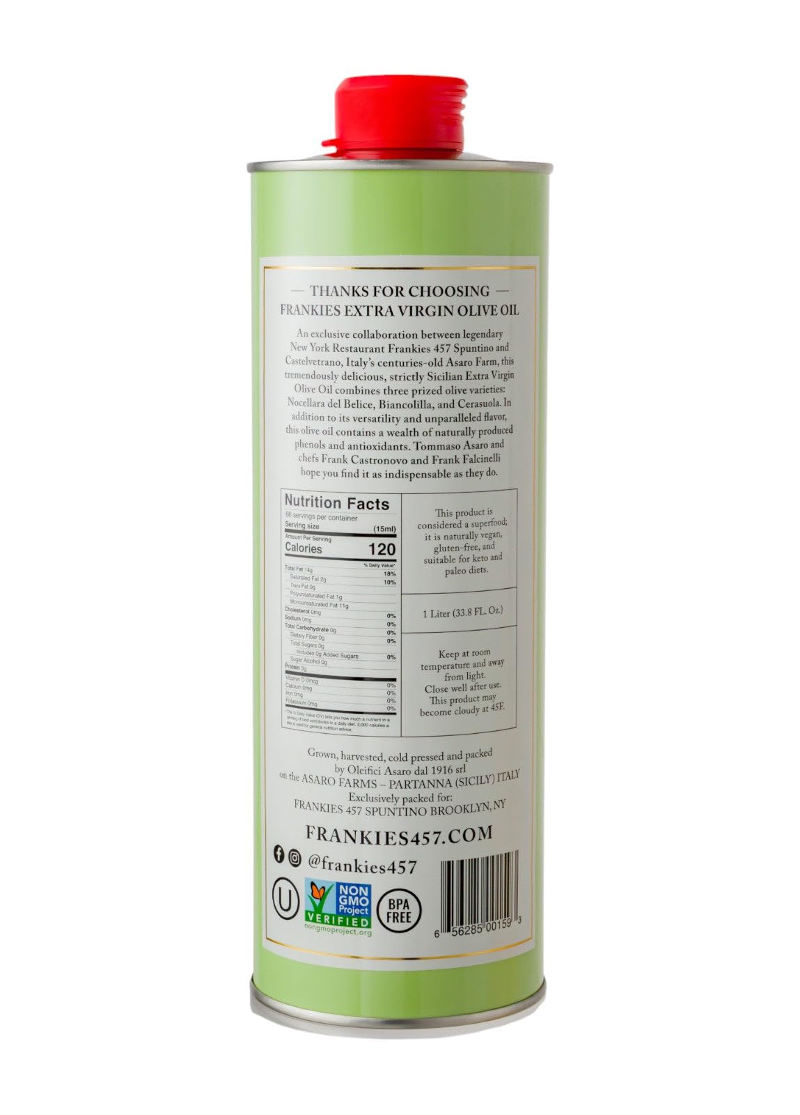 Frankies 457 Premium Castelvetrano Olive Oil - First Cold Pressed - 33.8 Fl Oz - Authentic Italian - Monovarietal - Harvested in Sicily