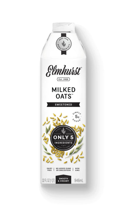 Elmhurst 1925 Sweetened Oat Milk - 32 Ounce (Pack of 6) Dairy-Free, Vegan, Kosher, Gluten-Free, Shelf Stable Plant Based Milk Ma