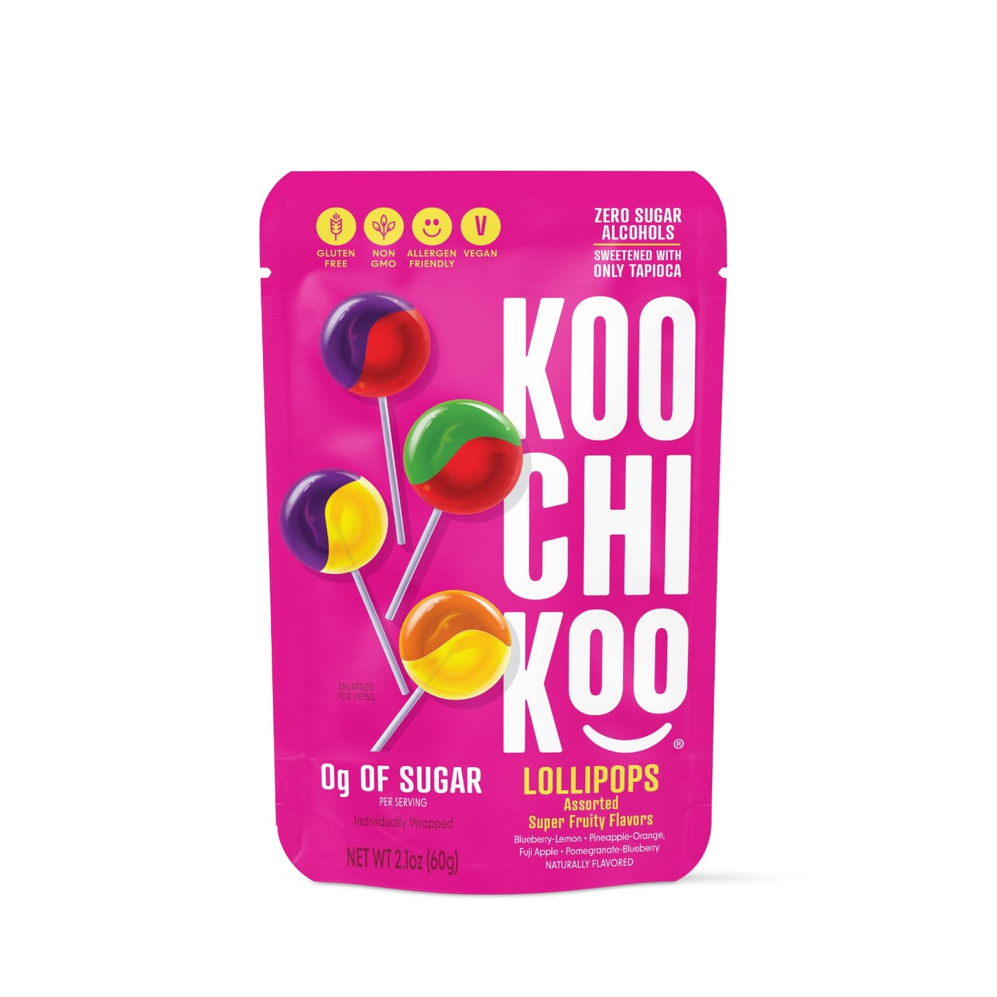 Koochikoo Organic & Sugar Free Lollipops Pouch, Assorted Fruit Flavors, No Sugar Added, Gluten Free & Vegan, 10 CT Lollipops/Pou