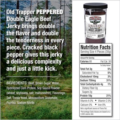 Old Trapper Beef Jerky, Peppered Flavor, 80 Count, 21oz Jar, Natural Wood Smoked Meat Snacks, 10g Protein per Serving