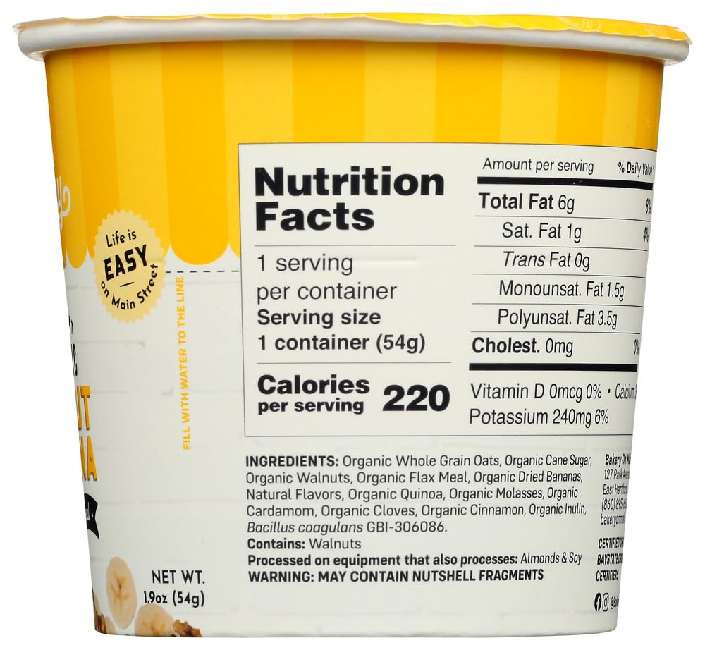 Bakery On Main Oatmeal Cups, Usda Organic, Gluten-Free, Vegan & Non Gmo, Probiotic - Walnut Banana, 1.9 Oz (Pack Of 12)