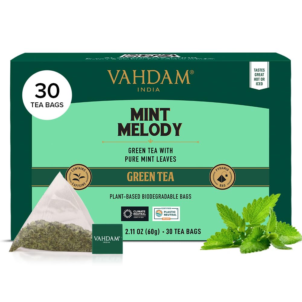 VAHDAM Mint Green Tea Bags, Low Caffeine, Non-GMO, Gluten Free, 30 Count, Individually Wrapped Pyramid Bags