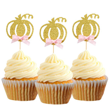 Pumpkin Cupcake Topper Fall Theme Cake Decoration For Pumpkin Themed Baby Shower Party Supplies, Pumpkin Food Pick - Set Of 24 (