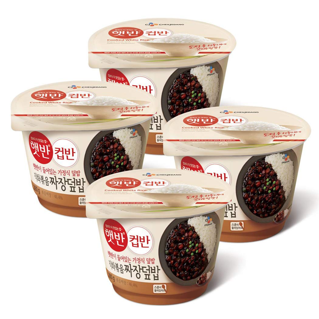 Cupbahn Korean Pre-Cooked Meal with White Rice - 25 Taste by Hetbahn ?? ?? (Black Bean Jjajang Sauce, 4 Bowls)