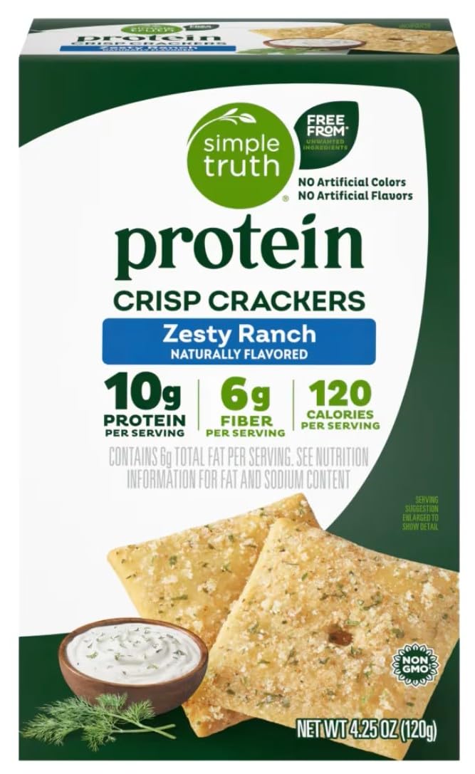 Simple Truth Protein Crisp Crackers, Zesty Ranch Flavor, 10g Protein, 6g Fiber, Non-GMO, No Artificial Colors or Flavors, 4.25 o