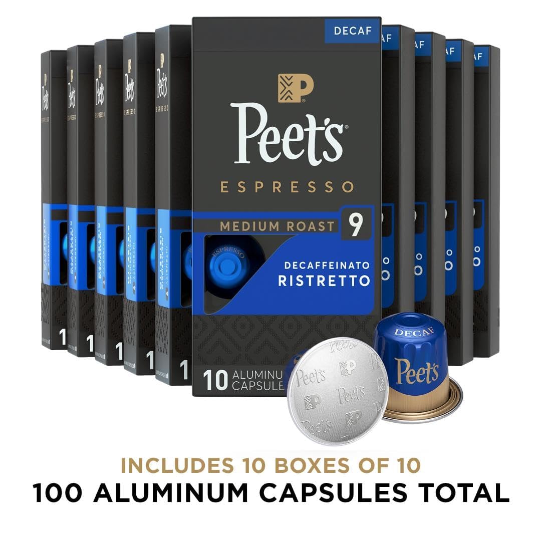 Peets Coffee Medium Roast Decaf Espresso compact pieces Compatible with Nespresso - 100 Count (10 Boxes of 10 compact pieces)