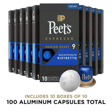 Peets Coffee Medium Roast Decaf Espresso compact pieces Compatible with Nespresso - 100 Count (10 Boxes of 10 compact pieces)