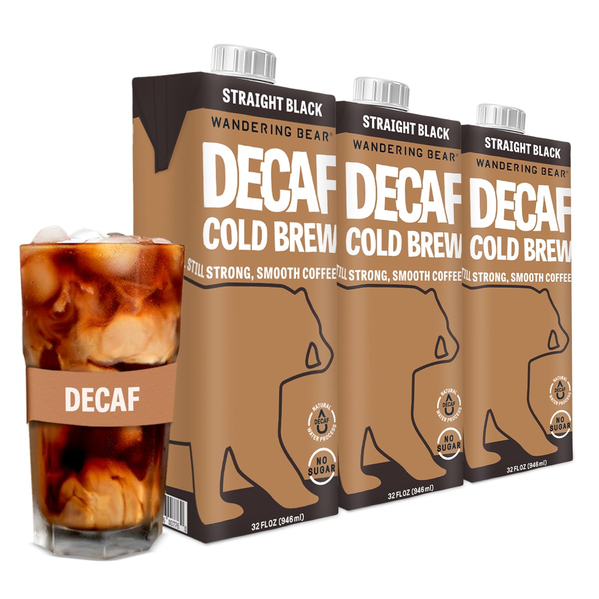 Wandering Bear Decaf Cold Brew Coffee, 32 Fl Oz, 3 Pack - Smooth, Bold, Unsweetened, Shelf-Stable, And Ready To Drink Iced Coffe