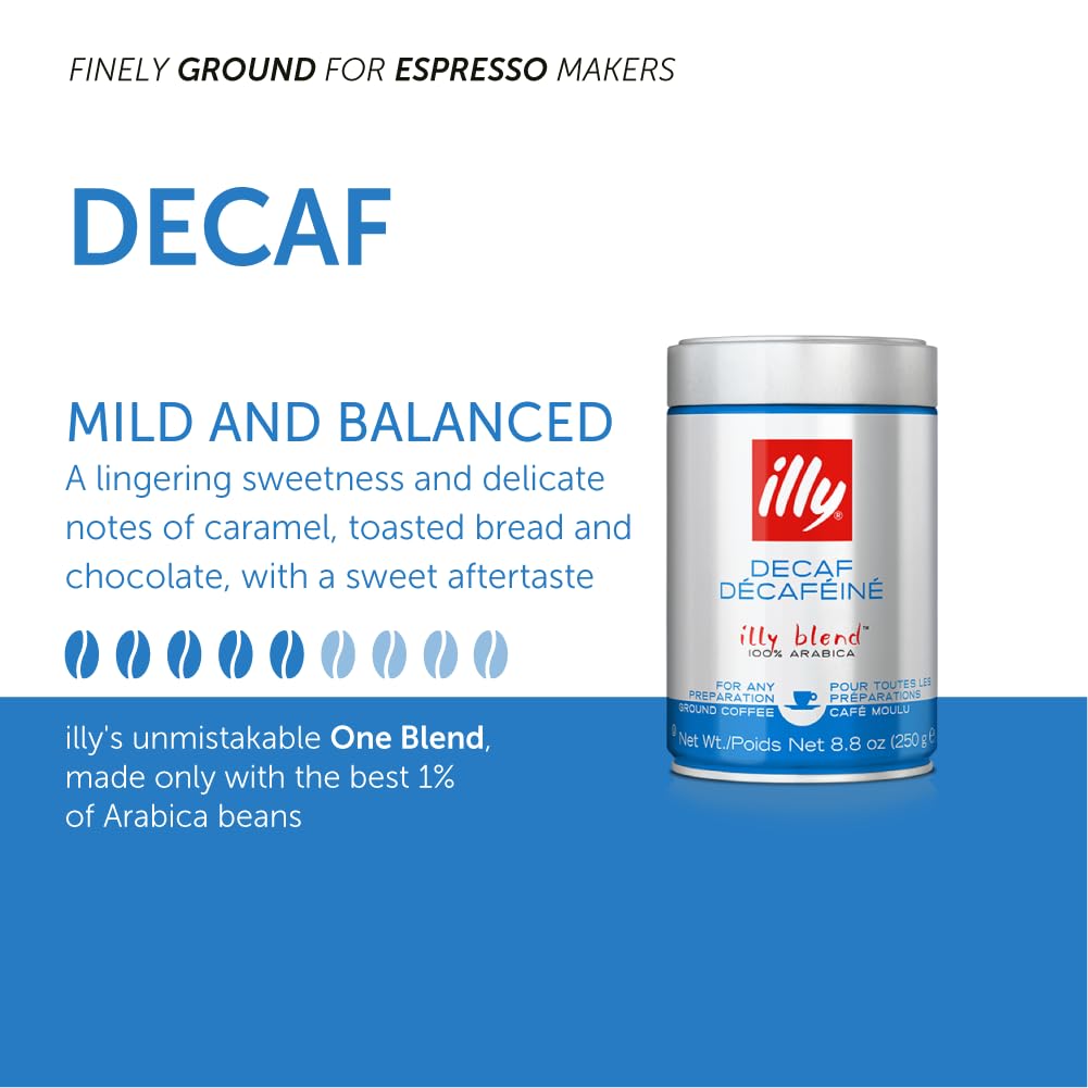 Illy Ground Coffee Espresso - 100% Arabica Coffee Ground – Classico Decaf Roast - Notes Of Caramel, Toasted Bread & Chocolate - Rich Aromatic Profile - No Preservatives – 8.8 Ounce, 6 Pack