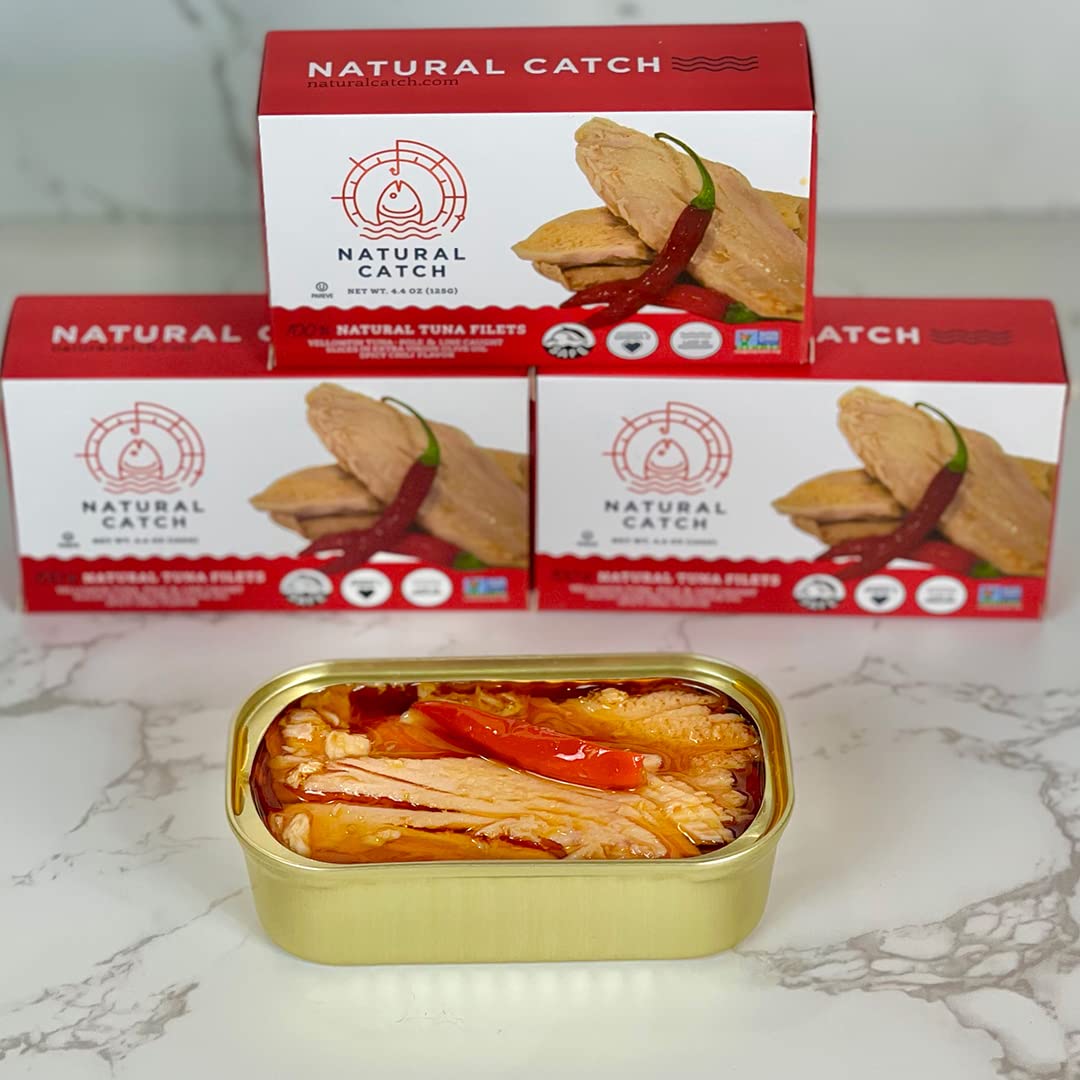 Natural Catch Tuna Spicy Yellowfin Filets, Hand Cut, Pole & Line Caught, 130 Calories Gluten-Free, Paleo, Keto Friendly, Enhanced Yellowfin Tuna In Extra Virgin Olive Oil And Spicy Chilis (4.4 Oz Per Can- Pack Of 12) (Yellowfin Spicy Tuna)