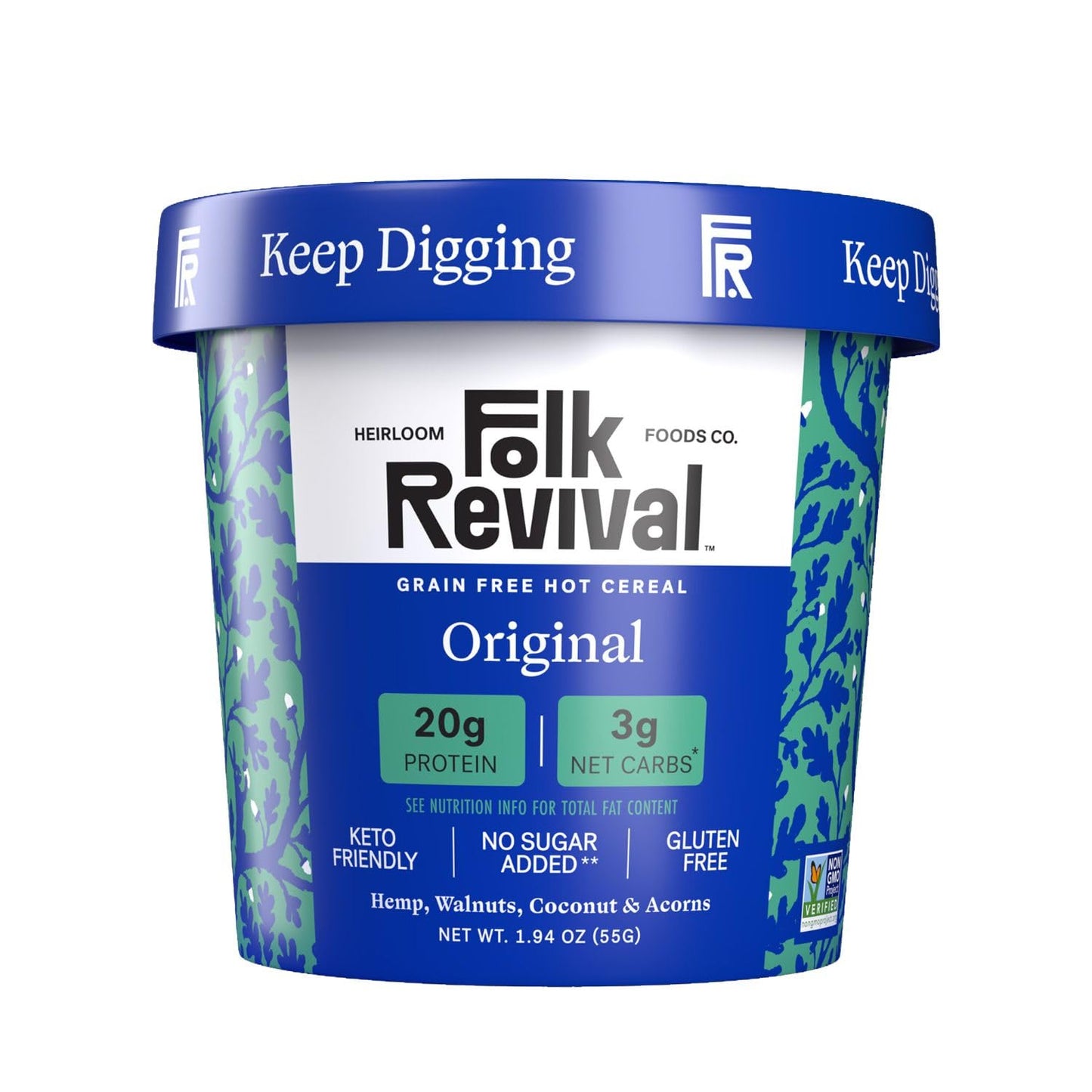 Folk Revival Original Keto Instant Oatmeal - 20G Protein, 3G Net Carbs, High Fiber, Non Gmo, Gluten Free, Made With Acorns - 12