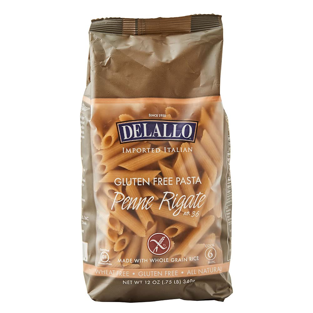 Delallo Gluten Free Penne Pasta, Non-Gmo, Made With Brown Rice Flour, Made In Italy, Whole Grain, Kosher, All Natural, 12 Oz Bag, (12 Pack)