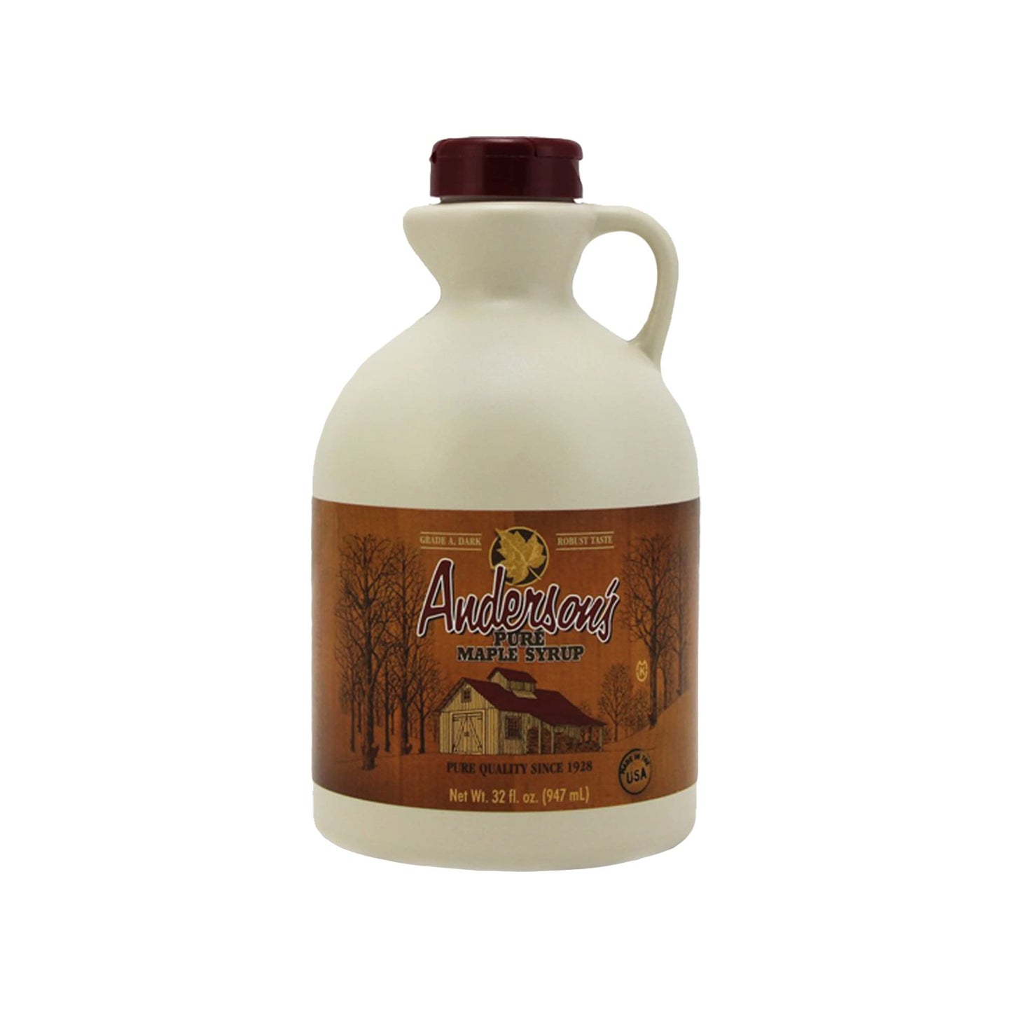 Andersons Dark Pure Maple Syrup, 32 Fl Oz, Plastic Jug, Brown